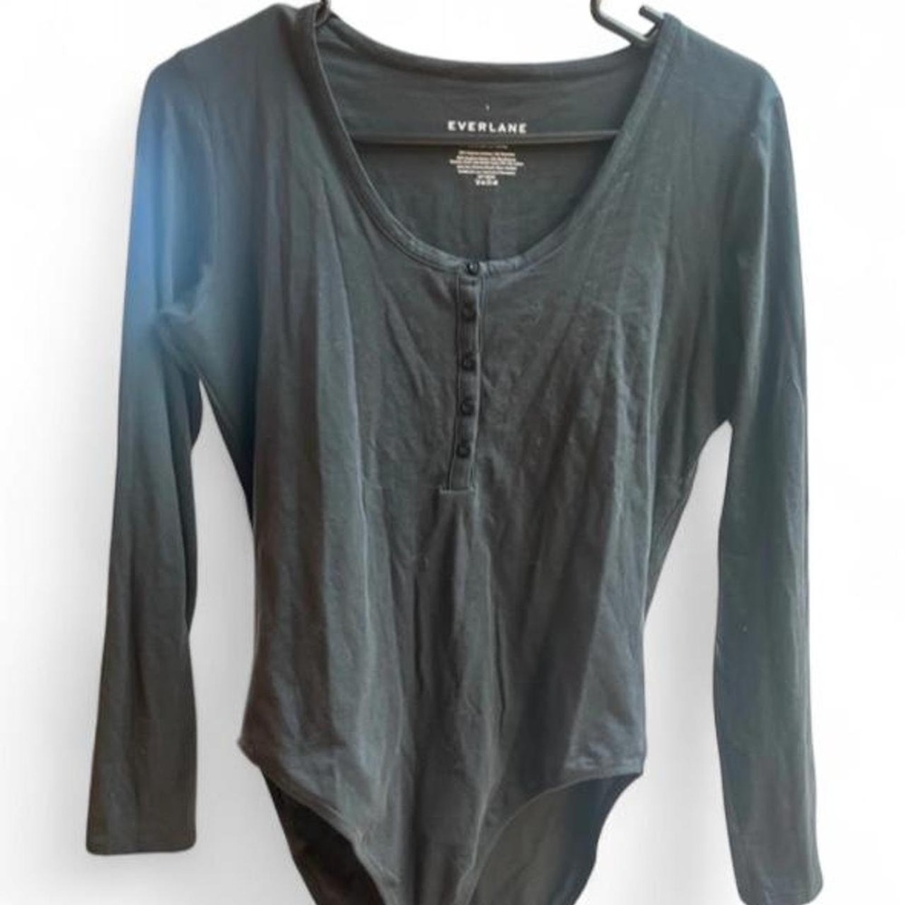 NWOT Everlane Supima Cotton Long Sleeve Henley Bodysuit Large L Black Minimalist